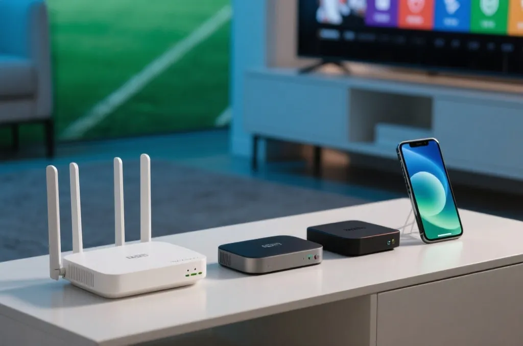 路由器、OTT 盒子和智能电视组成的家庭观赛环境示意图