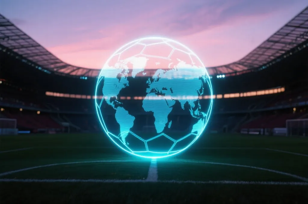 A generic soccer stadium at dusk with a glowing holographic projection of a soccer ball and abstract continents